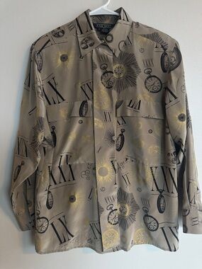 Ann May 100% Silk Celestial Sun Moon Pocket Watch Print Shirt Top S Vintage